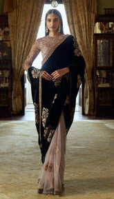 Lovely Black Velvet With Dori Work Net Saree
