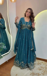 Trendy Teal Blue Dola Silk Embroidery Work Gown