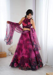 Lovely Pink Color Flower Printed Organza Lehenga Set