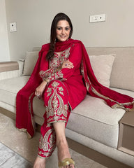 Presenting Pure Chinnon Silk With Embroidery Sequence Work Red color Top-Bottom