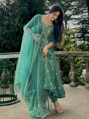 Fancy Green Simmer Silk Embroidery Anarkali Suit