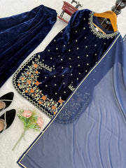 Lovely Blue Velvet with Sequence Work Plazo Suit