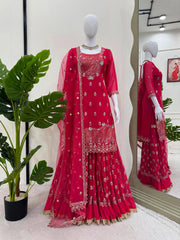 Daisy Red Georgette Thread Work Sharara Suit