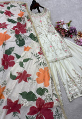 Designer White Chinon Silk Sequence Work Sharara Suit