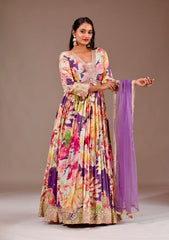 Alluring Multicolor Chinon Silk Embroidery Work Gown