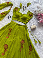 Alluring Green Color Georgette Hand Painted Lehenga