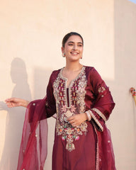 Pretty Maroon Satin Silk Work Palazzo Suit