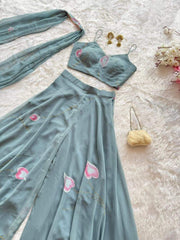 Pretty Sky Blue Georgette Hand Painted Palazzo Suit