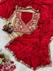 Beautiful Red Color Sequence Work Silk Saree