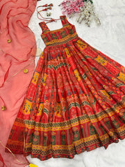 Stylish Red Organza Printed Anarkali Gown
