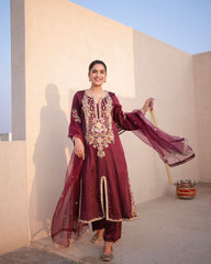 Pretty Maroon Satin Silk Work Palazzo Suit