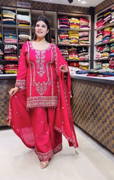 Ravishing Pink Chinon Silk Embroidery Work Palazzo Suit