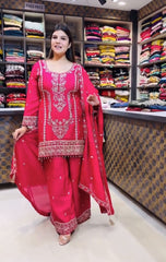 Ravishing Pink Chinon Silk Embroidery Work Palazzo Suit