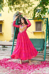 Pretty Pink Georgette Kutchi Work Gown For Navratri