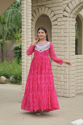 Pink Georgette Embroidery Work Gown For Navratri