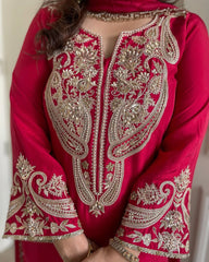 Presenting Pure Chinnon Silk With Embroidery Sequence Work Red color Top-Bottom
