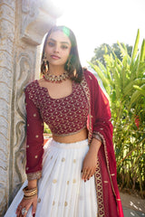Wonderful Georgette Sequins and Thread Embroidery Work With Lace white color Lehengha Choli