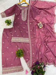Trendy Pink Simmer Embroidery Work Palazzo Suit