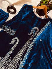 Marvelous Blue Velvet Embroidery Work Suit