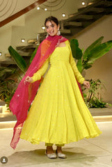 Marvelous Lemon Color Chinon Silk Work Gown