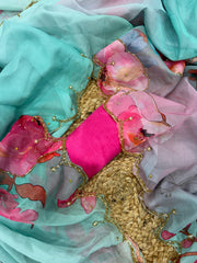 Attractive Sky Blue Tabby Silk Work Saree