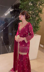 Stylish Pink Color Embroidery Work Sharara Suit