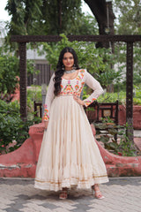 Navratri Wear Trendy White Cotton Embroidered Gown