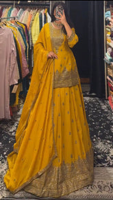 Pretty Mustard Chinon Silk Embroidery Sequence Work Top With Lehenga