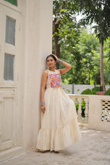 Amazing Off-White Cotton Embroidered Gown For Navratri
