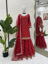 Lovely Red Chinon Silk Sequence Work Sharara Suit
