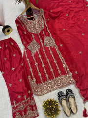 Gorgeous Red Chinon Silk Sequence Work Palazzo Suit