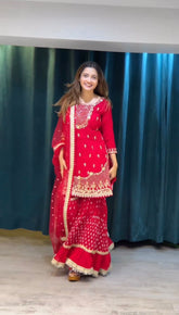 Daisy Red Georgette Thread Work Sharara Suit