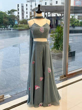 Pretty Sky Blue Georgette Hand Painted Palazzo Suit