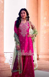 Gorgeous Pink Silk With Sequence Work Palazzo Suit