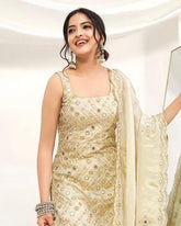 Ravishing Yellow Natural Crap Embroidery Sequence Palazzo Suit