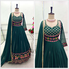 Beautiful Green Georgette Embroidered Designer Gown