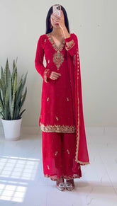 Lovely Red Georgette Embroidery Palazzo Suit