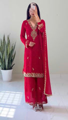 Lovely Red Georgette Embroidery Palazzo Suit