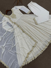 Attractive White Georgette Embroidery Work Gown