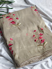 Pretty Beige Color Embroidery Work Silk Saree