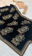 Lovely Black Velvet With Dori Work Net Saree