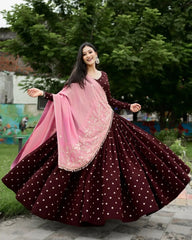 Maroon Poly Rayon Sequence Work Lehenga Choli For Navratri