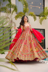 Stylish Red Organza Printed Anarkali Gown