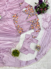 Alluring Purple Rangoli Silk Embroidery Koti With Draped Saree