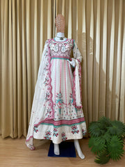 Beautiful White Color Chinon Embroidery Work Gown