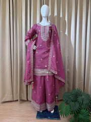 Trendy Pink Simmer Embroidery Work Palazzo Suit