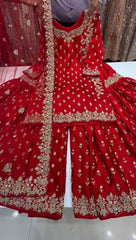 Lovely Red Chinon Silk Sequence Work Sharara Suit