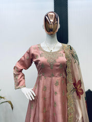 Gorgeous Pink Chinon Sequence Work Gown With Palazzo Suit