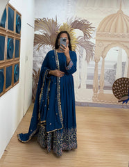 Navy Blue Color Rayon Embroidery Work Gown