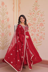Awesome Red Color Beads With Embroidery Work Gown